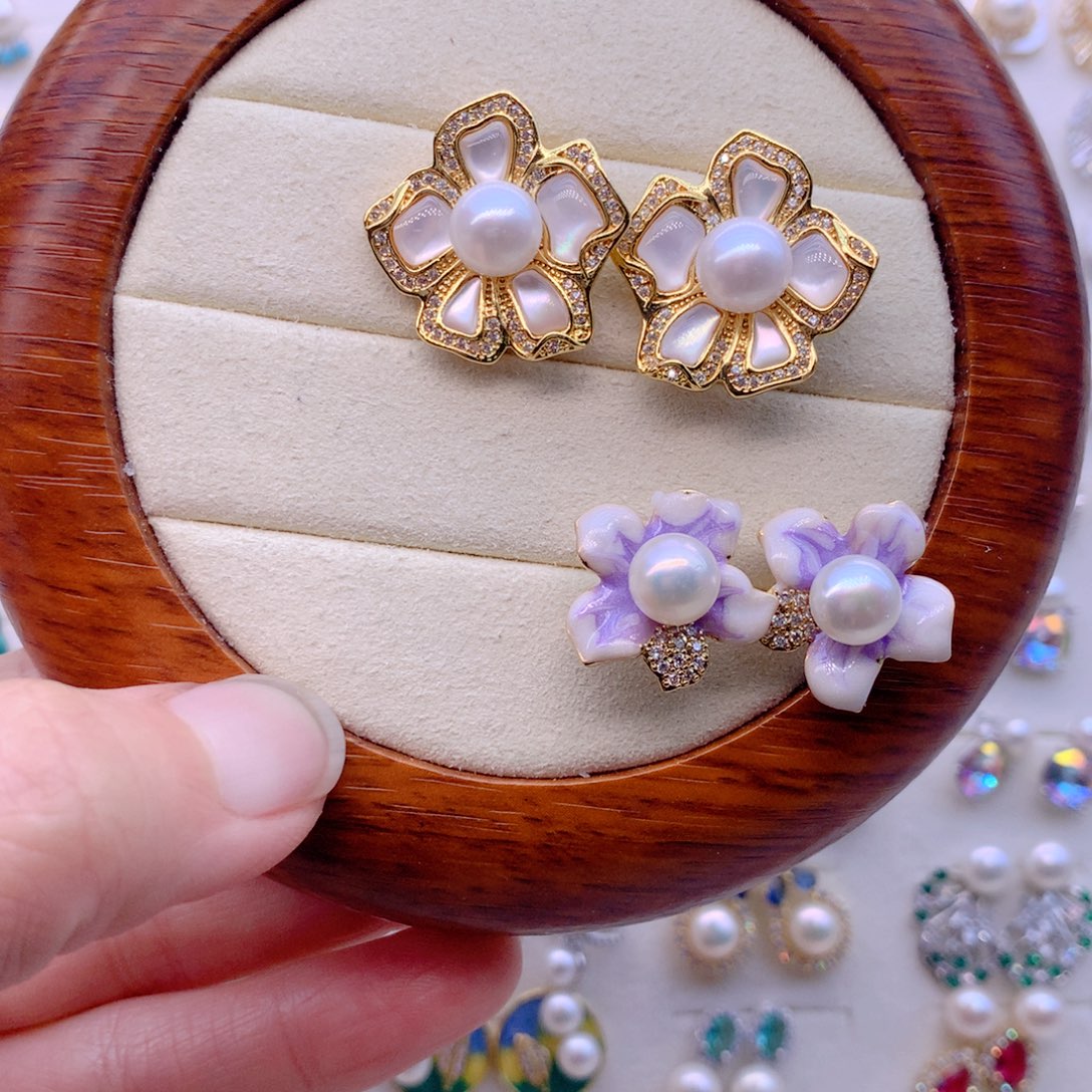 云***叶淡水珍珠耳饰合金