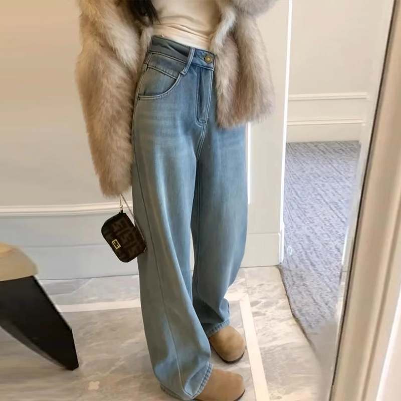 加绒浅蓝色阔腿牛仔裤女2025秋冬新款高腰宽松显瘦垂感窄版裤子