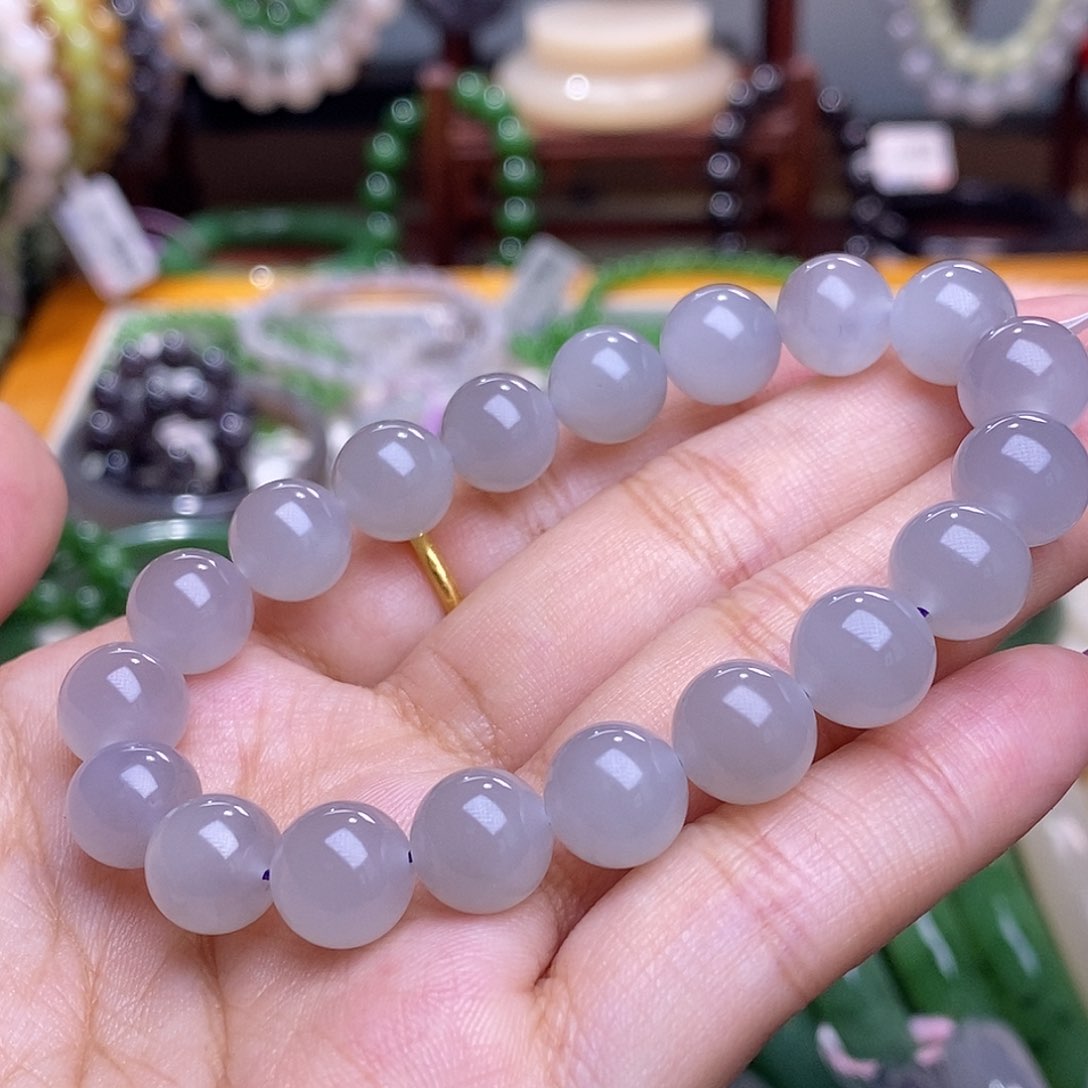 和田玉未镶嵌毕业级老矿料冰烟紫手链10m