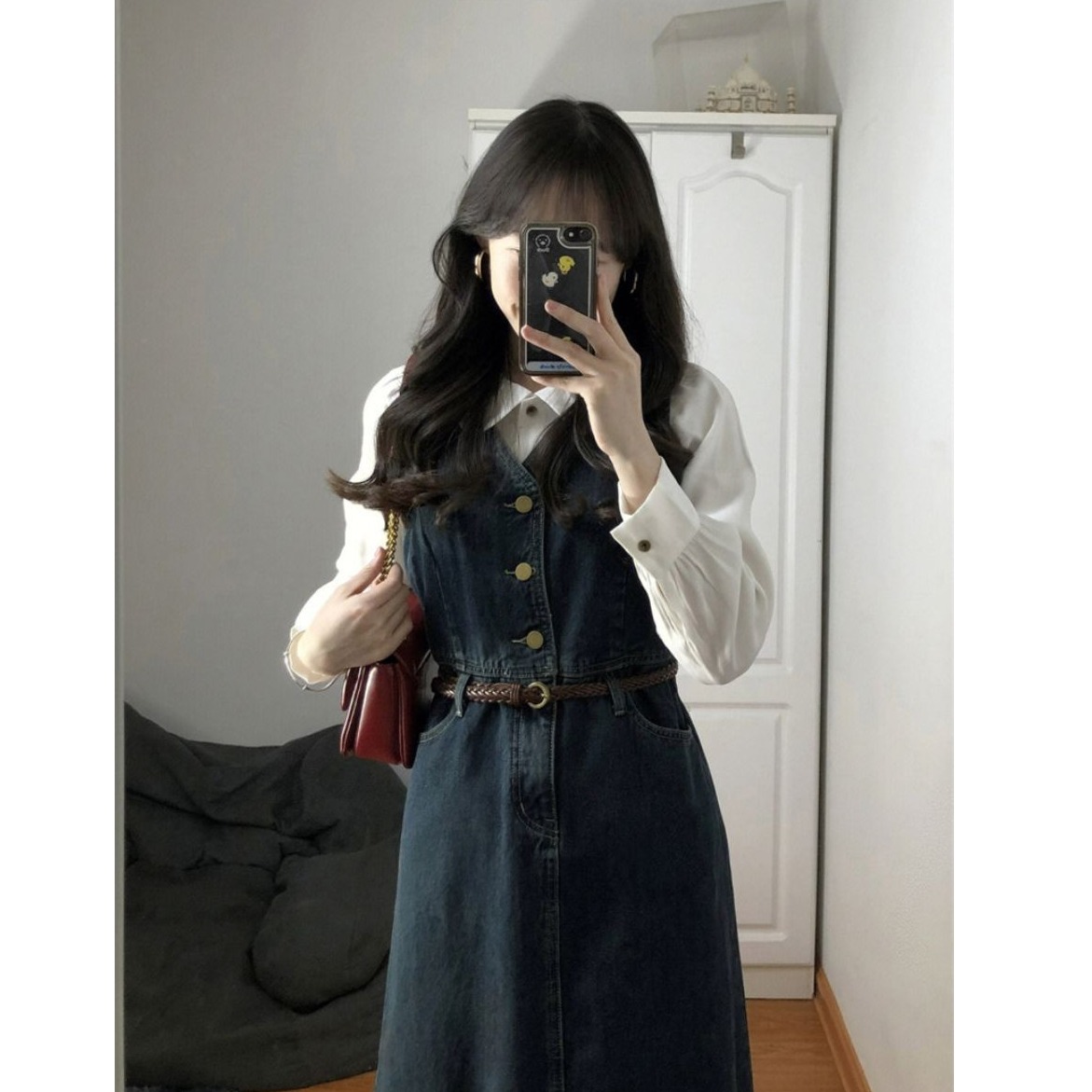 艺术生风文艺衬衫牛仔裙两件套装女春秋ins韩系轻熟穿搭连衣裙子