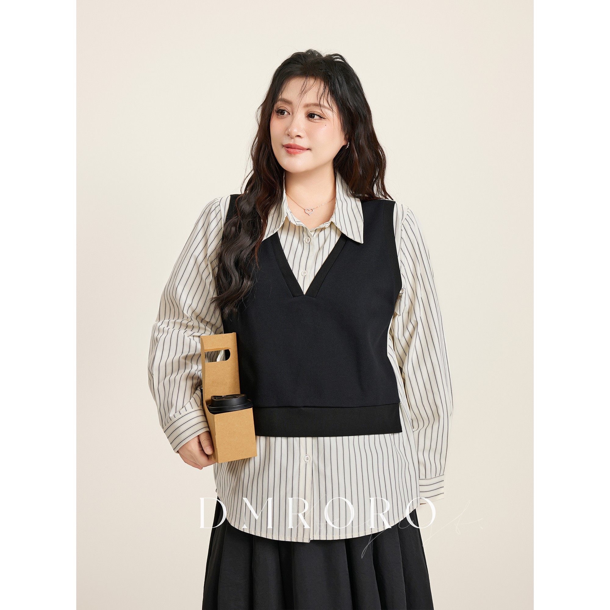 肉肉小姐大码女装秋季新品假两件竖条纹长袖POLO衬衫洋气显瘦上衣