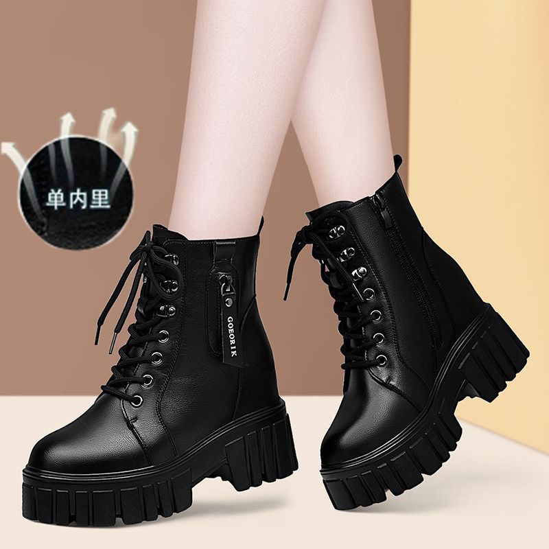 品牌断码软皮女鞋秋冬加绒马丁靴女粗跟长筒靴防滑鞋子女百搭短靴