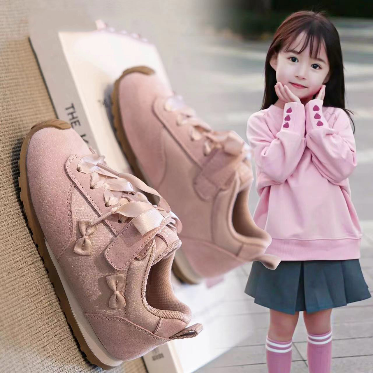 女童鞋子2025春季新款儿童蝴蝶结运动鞋软底小女孩公主鞋德训鞋子
