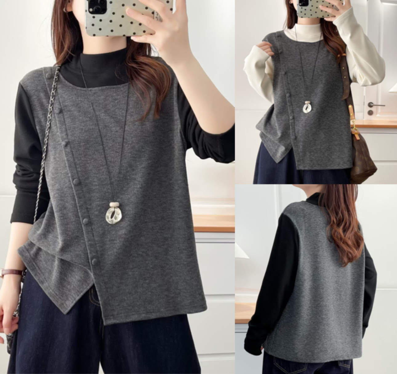 鑫静大码【8648】微胖半高领加厚慕斯绒宽松设计感假两件长袖打底衫