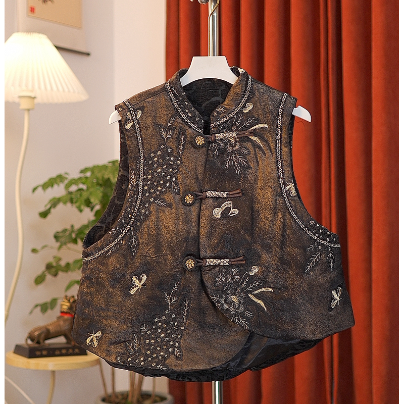 【乌金凤尾】加棉款满分高定新中式新款真丝刺绣宋锦立领马甲国风设