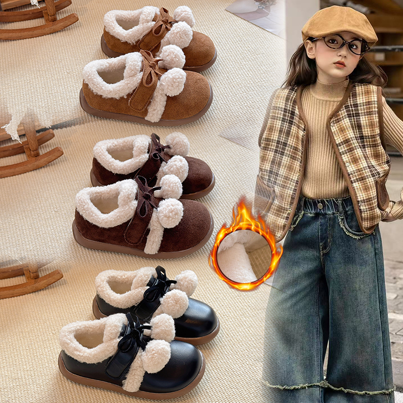 【小雪球】儿童加绒毛毛鞋冬季新款男女童洋气百搭软底防滑户外棉鞋