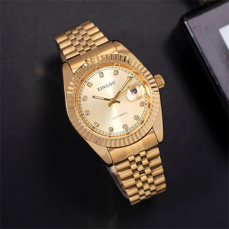 机械表日志金色情侣手表男表镶钻夜光防水简约钢带商务表腕表时尚