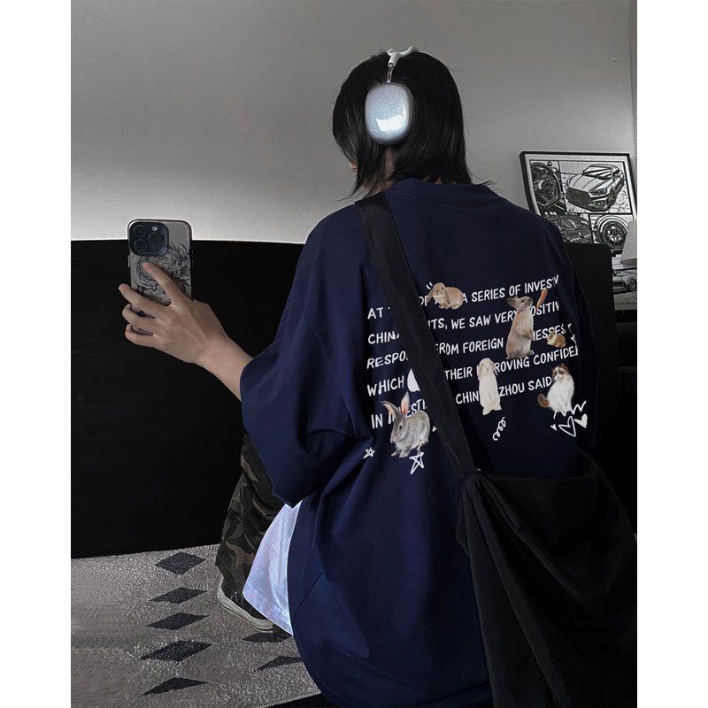 新潮纯色印花T恤高街美式情侣港风宽松T恤T200--