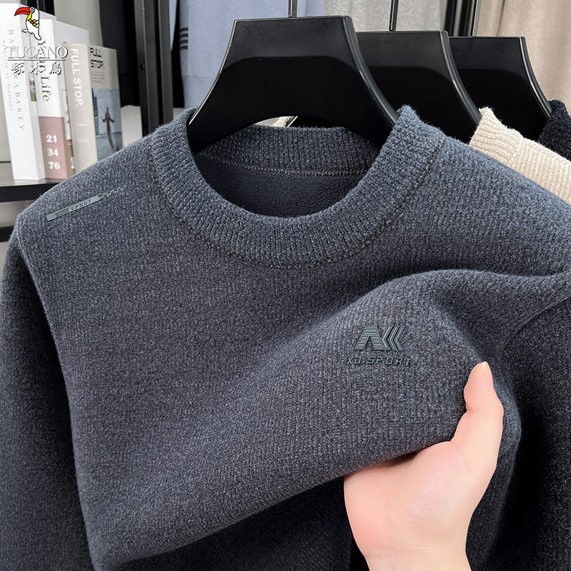 【基础百搭】啄木鸟中老年秋冬圆领毛衣男厚实保暖商务休闲纯色上