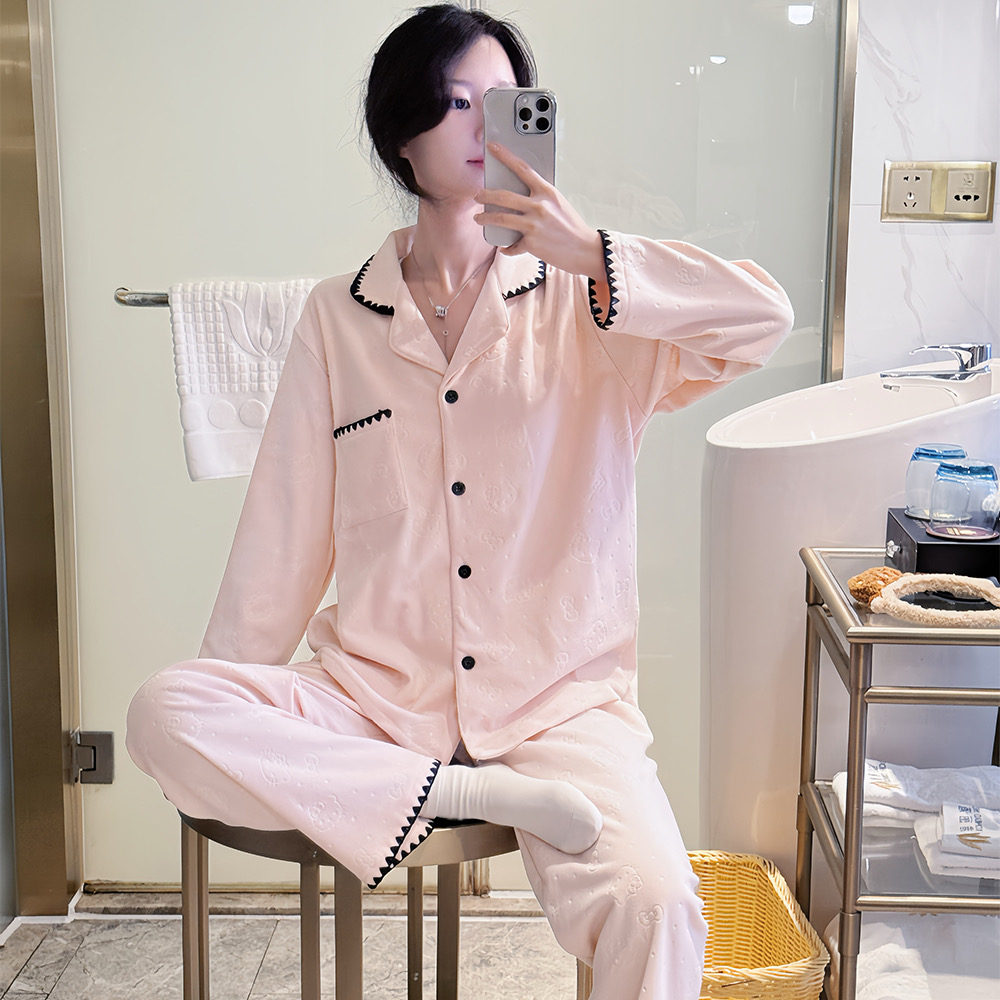 秋冬新款德绒ins风睡衣女粉色蓝色kt压花双长套装