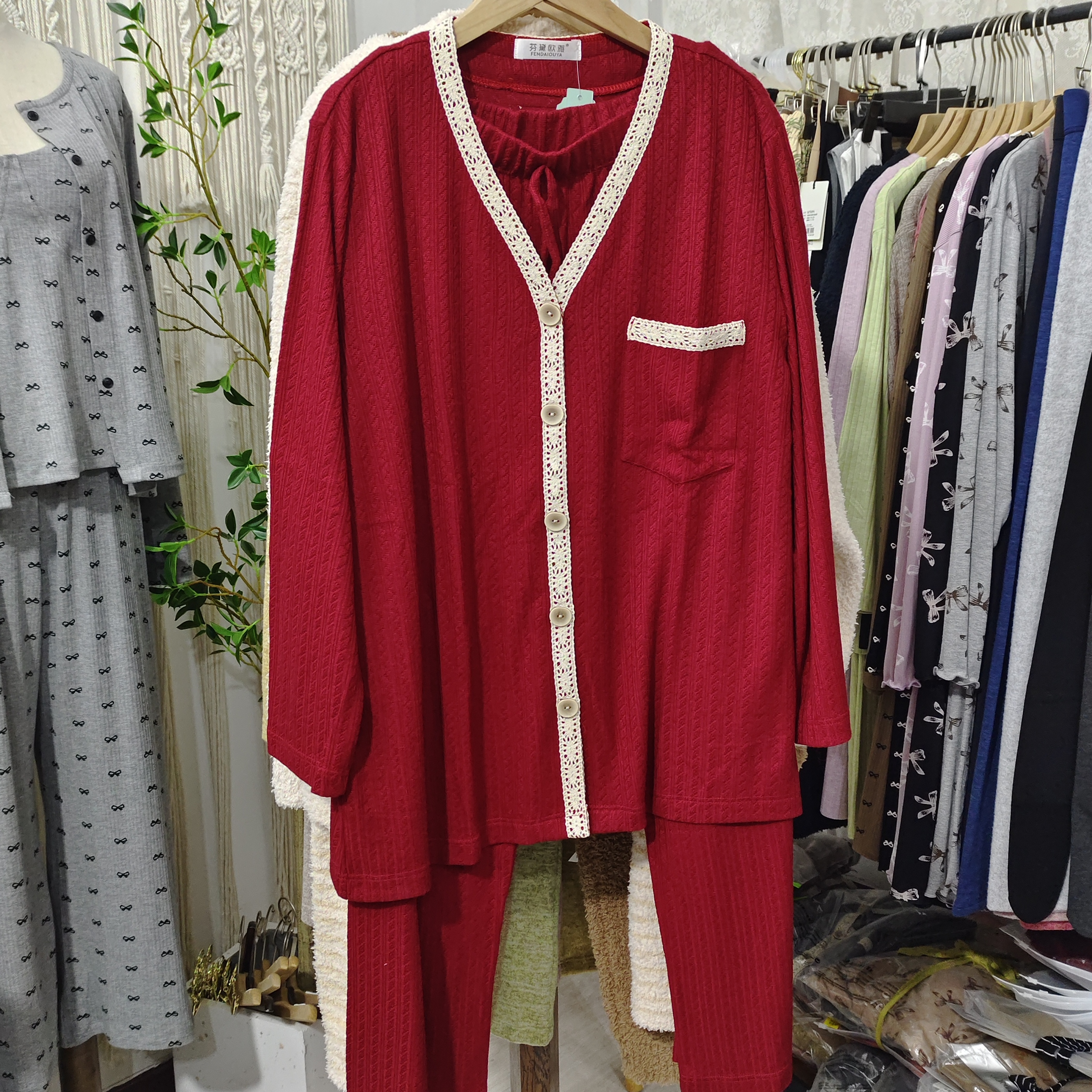 韩高级感女睡衣红长袖长裤小香风可外穿家红色居服套装阔腿睡裤