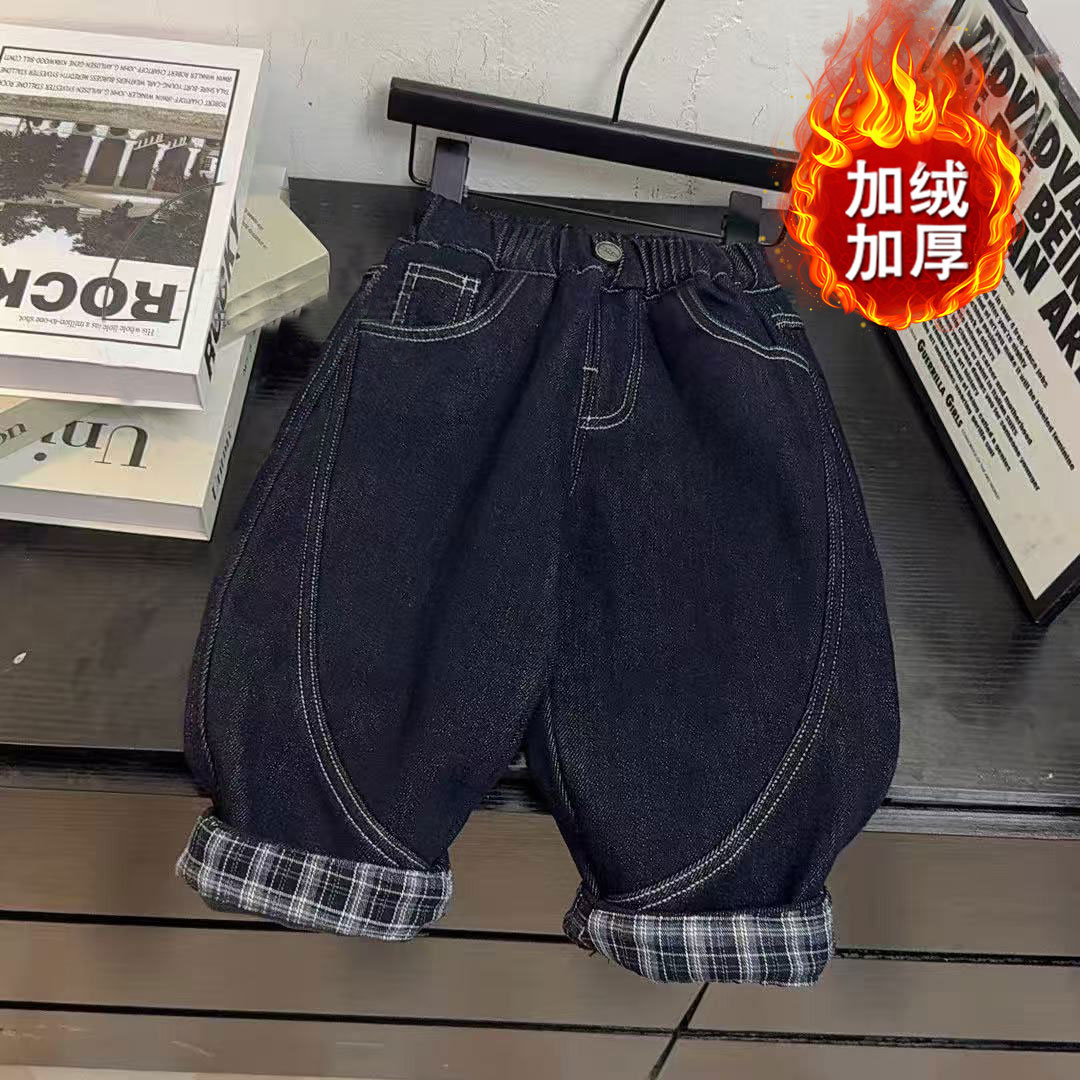 男童牛仔裤加绒加厚2025新款秋冬季洋气一体绒长裤中腰儿童牛仔裤
