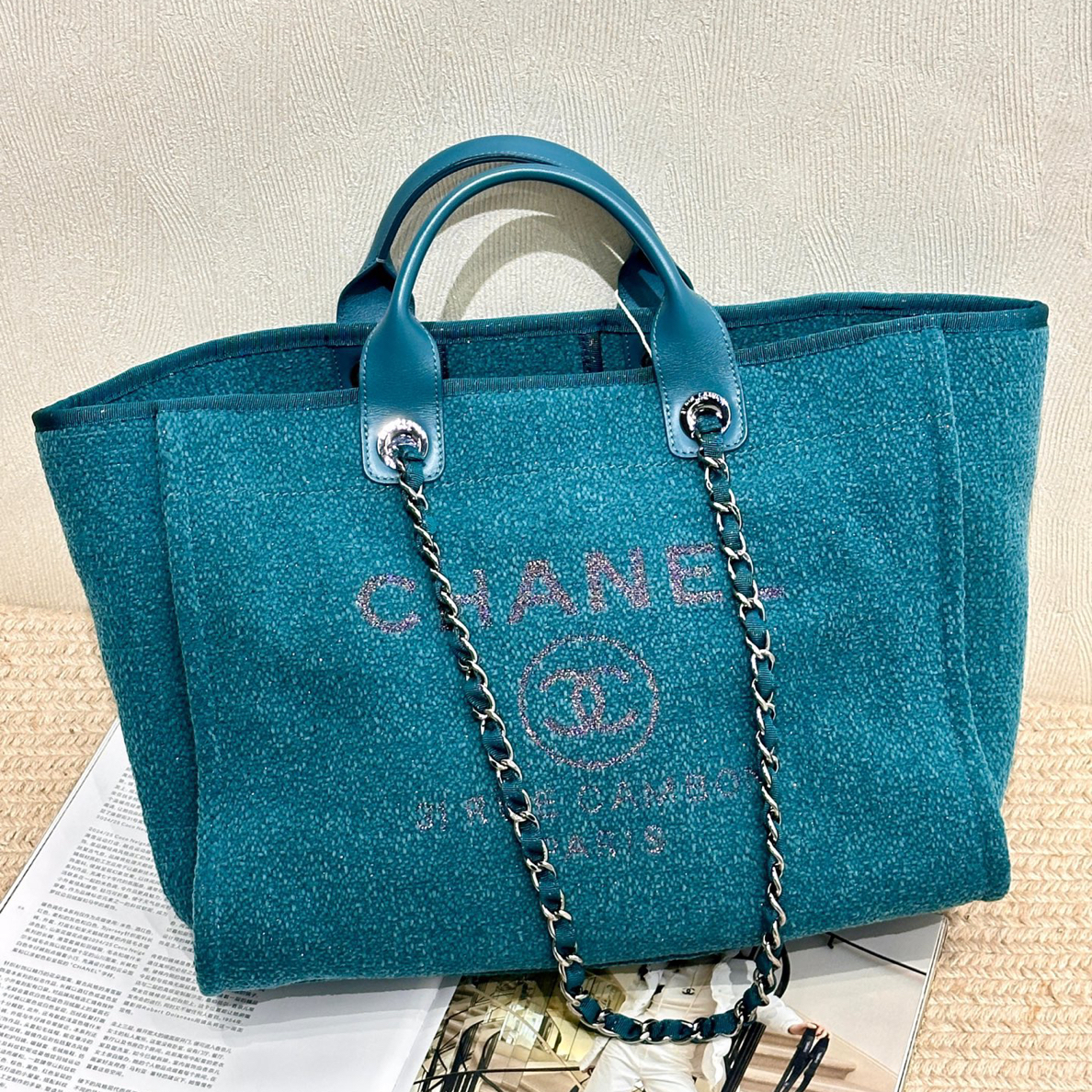 99新 Chanel/香奈儿 19A 深绿色银扣帆布沙滩包 28开单肩包