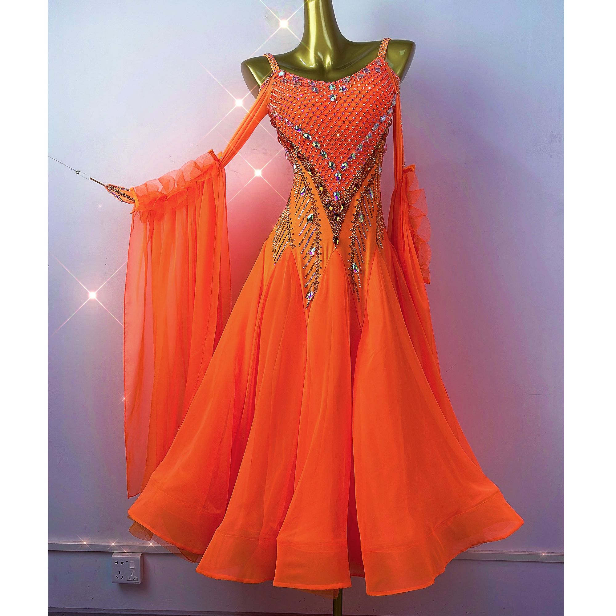 舞依阁新品橙色天丝摩登舞裙国标舞裙华尔兹交谊舞高档跳舞服装