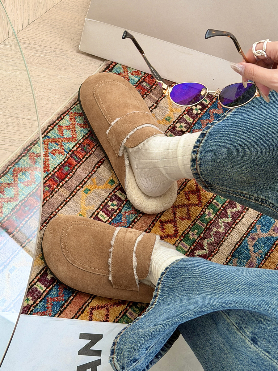 诗歌兰女鞋2025冬季新款真皮加绒勃肯鞋百搭休闲复古保暖棉拖鞋潮