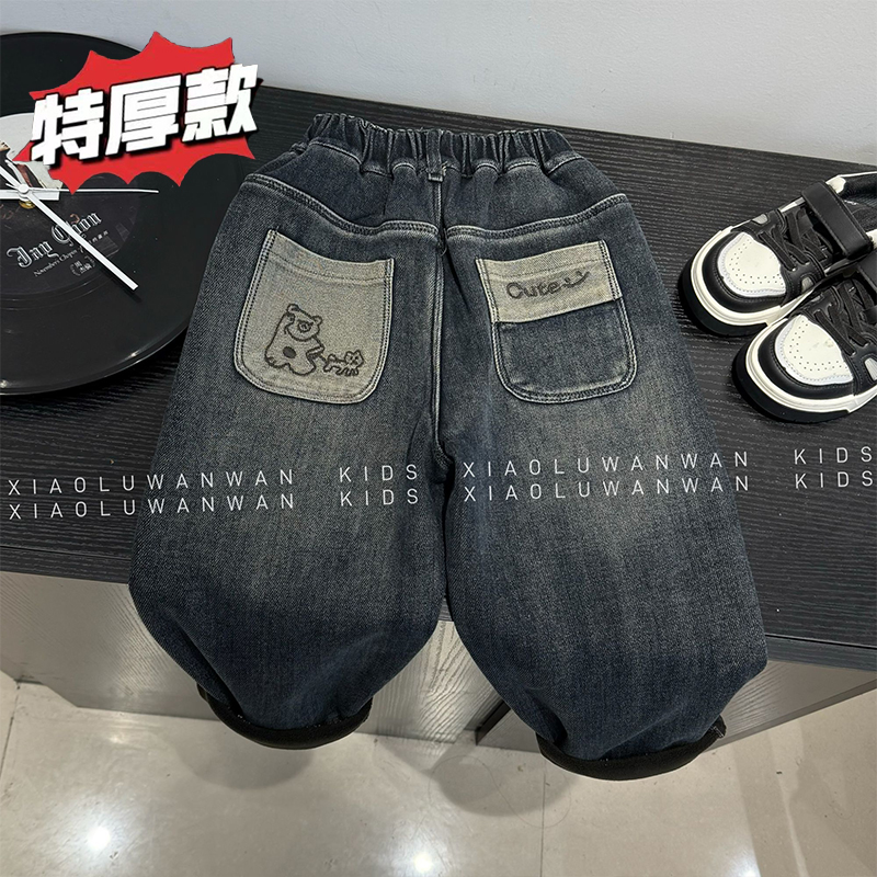 【多乐】Q590冬季儿童新款后袋小熊小狗加绒加厚糕糕绒牛仔裤