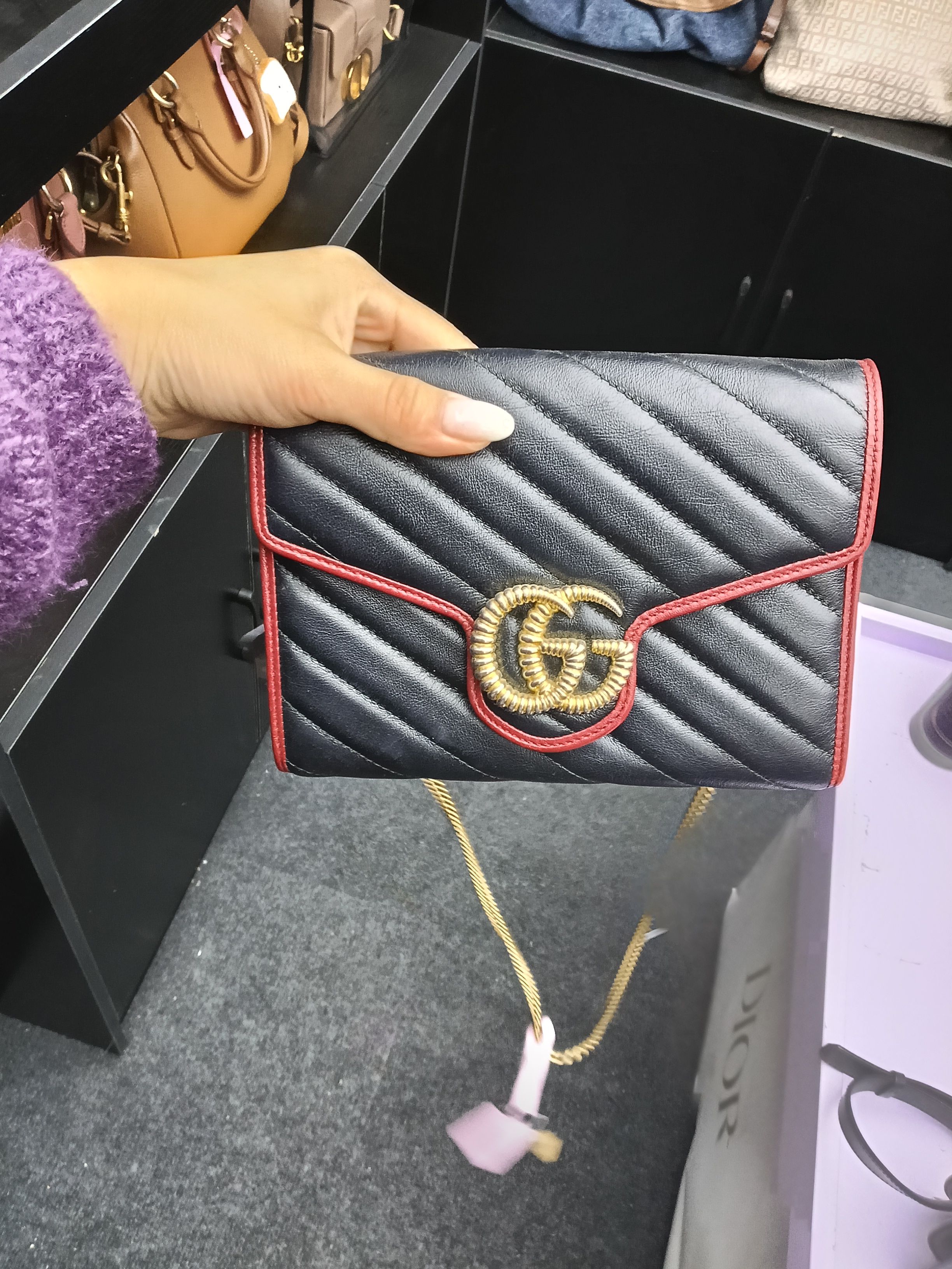 90新 GUCCI/古驰 95新马蒙红黑拼色woc链条包单肩斜挎包迷你
