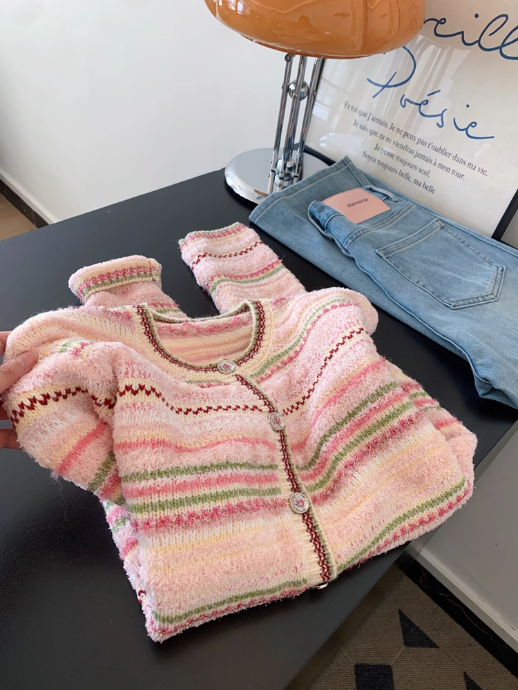 秋季新款小香风宽松彩虹条纹长袖针织毛衣开衫女士慵懒风外套上衣