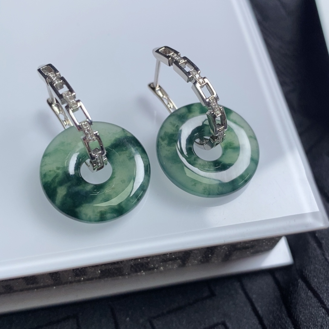 翡翠18K金镶嵌耳饰飘花甜甜圈➕链条耳包