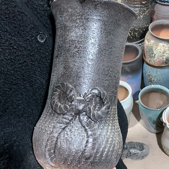 紫砂花盆口20高36，蝴蝶结