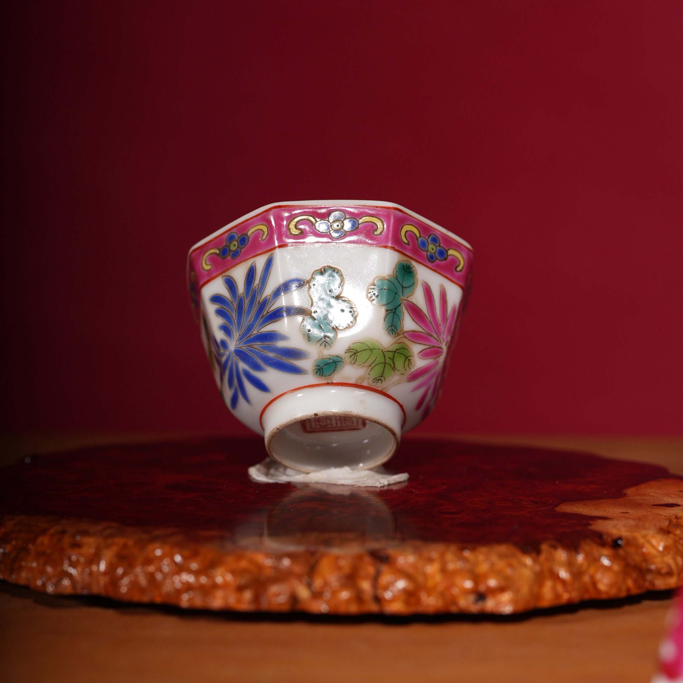 191清同治粉彩花卉八方杯 文物商店 明清老瓷器 非仿古工艺品