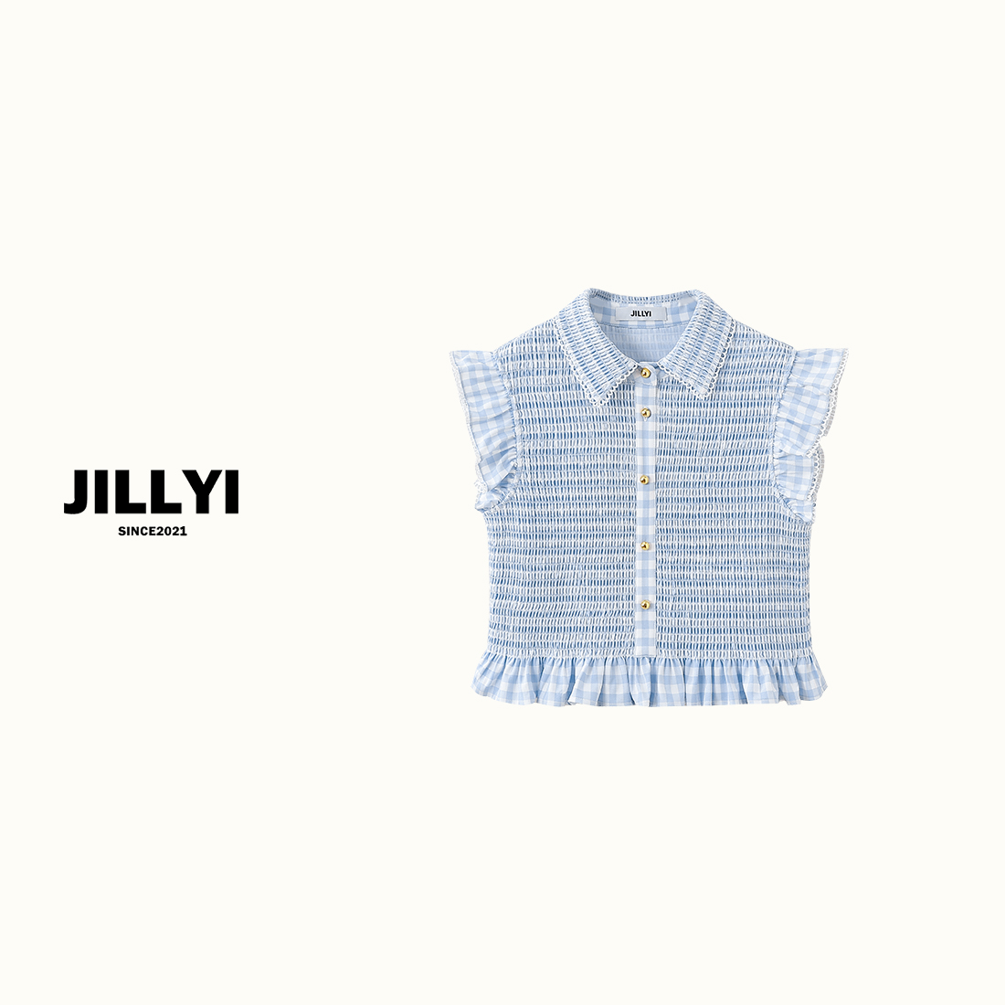 jillyi【梦中海岸】蓝色条纹飞飞袖活泼气质时尚衬衫夏季韩版