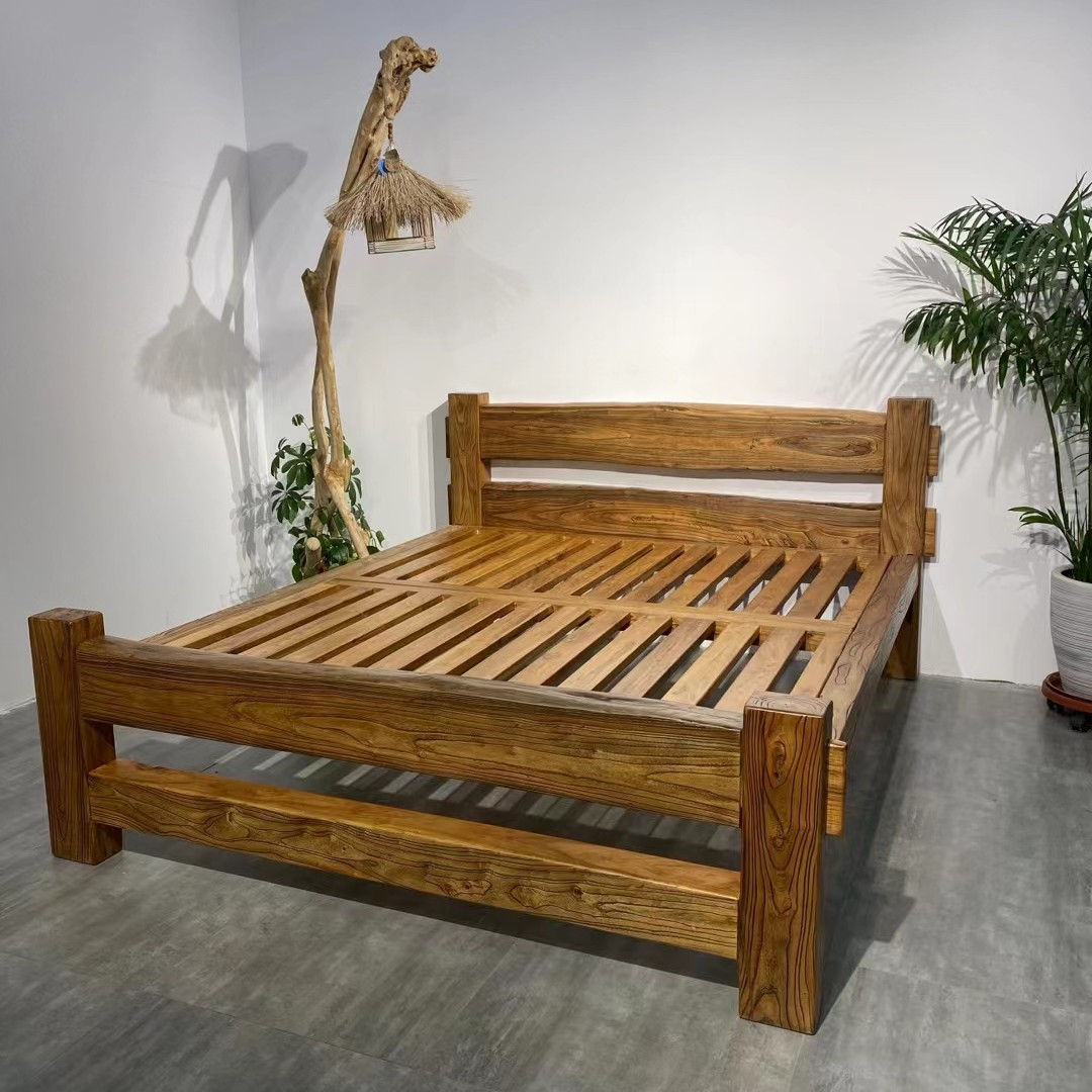 老榆木大床原木色单人实木家具实木床复古床板