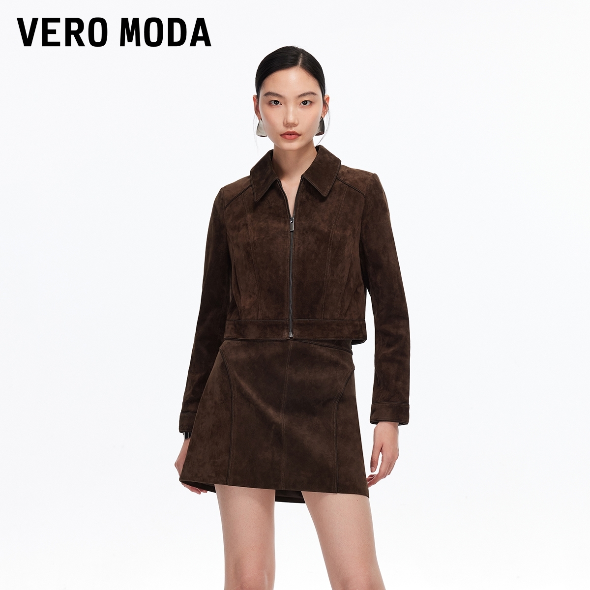 Vero Moda半身裙25新款纯色高腰A字皮裙复古百搭流光风325311004