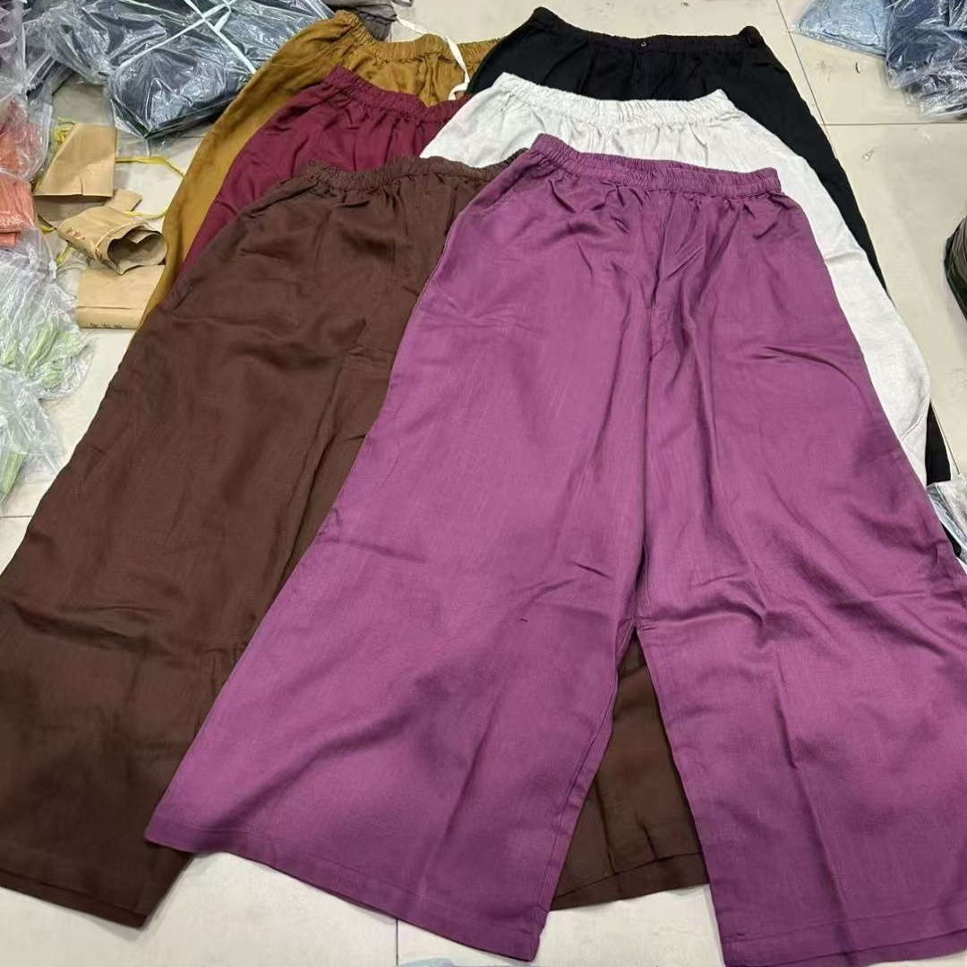 纯亚麻简版纯色宽松百搭阔腿休闲裤文艺松紧高腰舒适大管裤C23