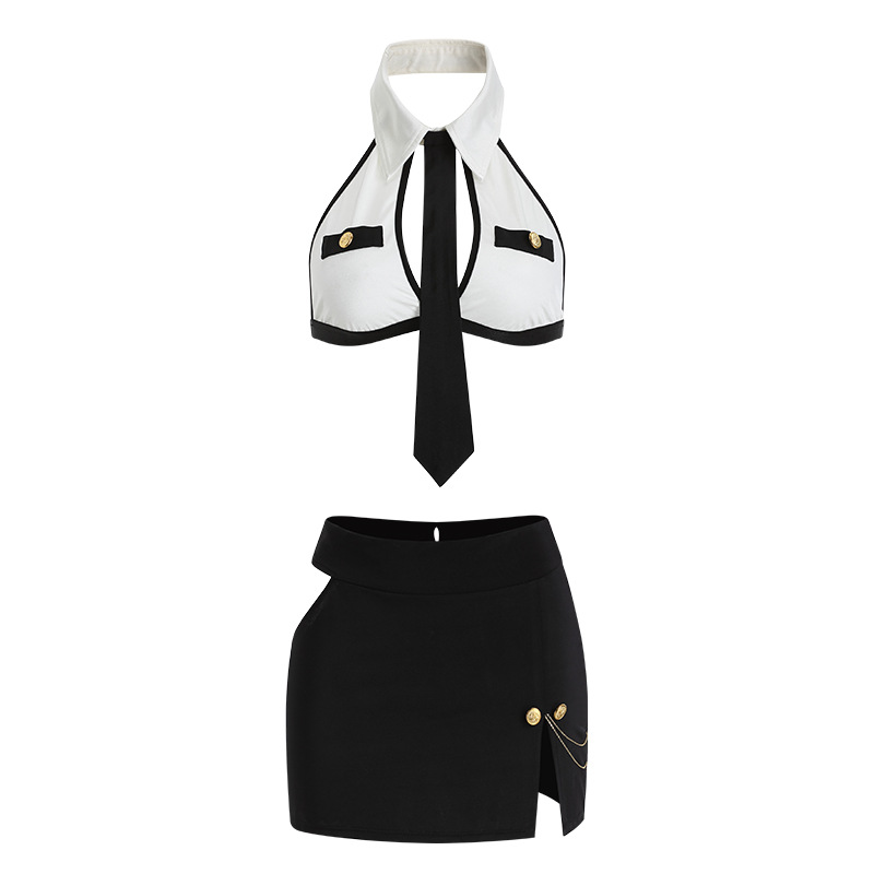 性感情侣内衣睡裙开叉包臀夏季显瘦气质长袖时尚女士黑色黑白ol