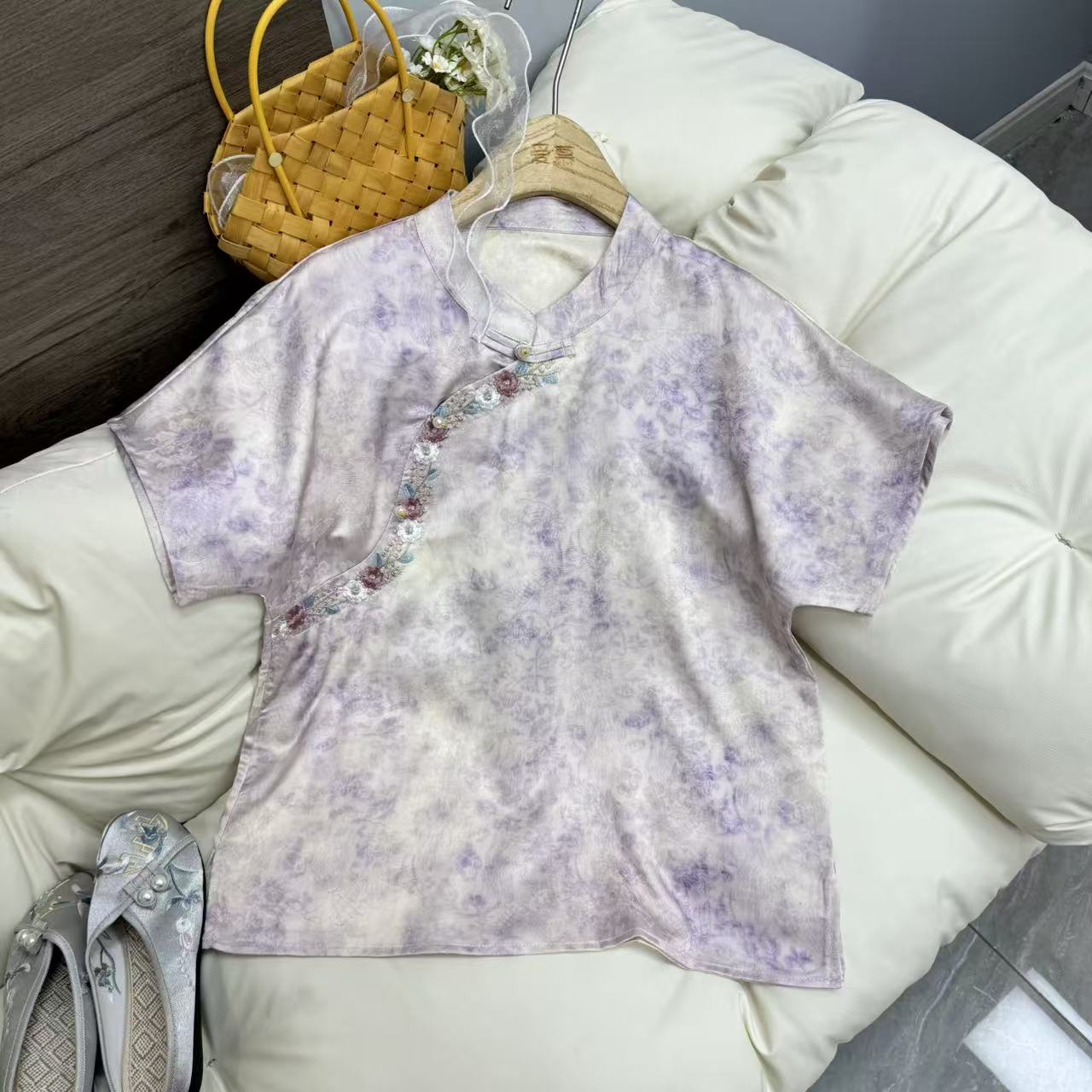 【紫烟】立领短袖提花薄款短款上衣时尚双层夏季新中式1313