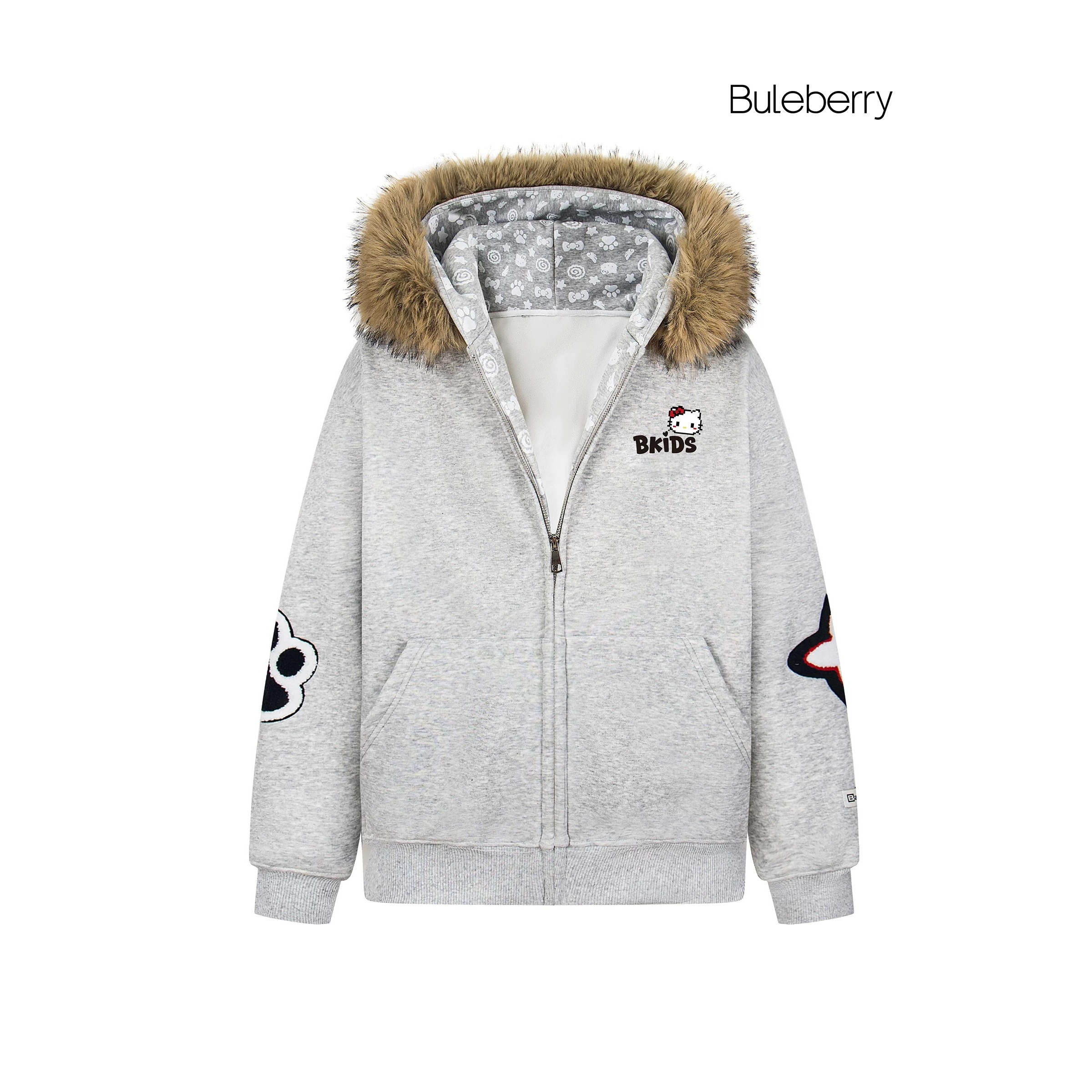 肚困困.秋冬宽松设计美式复古凯蒂猫毛领连帽外套刺绣