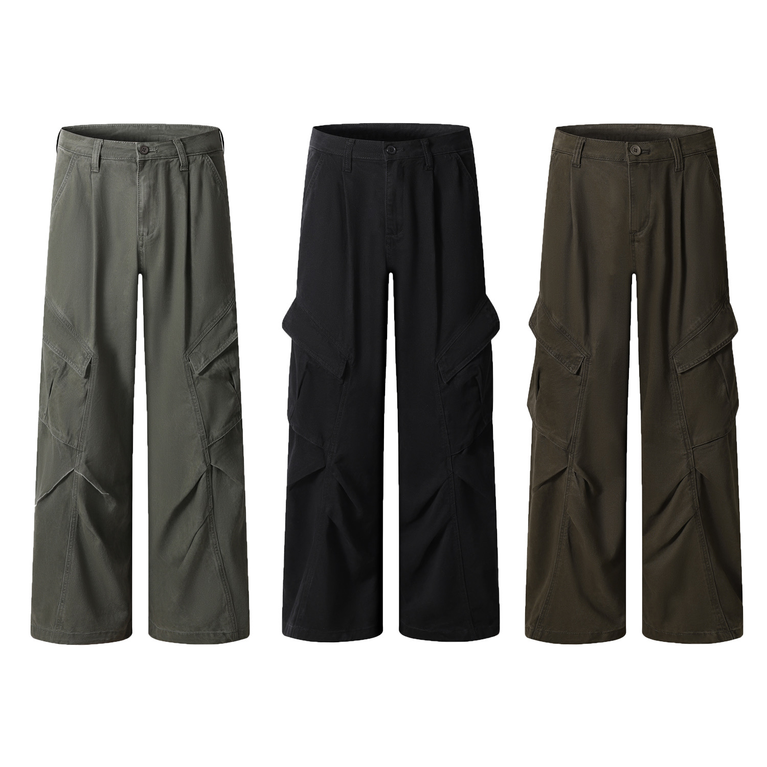 黑熊美式夏季复古水洗伞兵牛仔工装裤大口袋褶皱男女宽松直筒6282