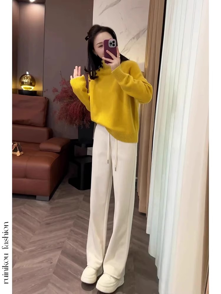 盐系穿搭一整套女秋冬季时尚半高领毛衣高腰休闲阔腿裤气质两件套