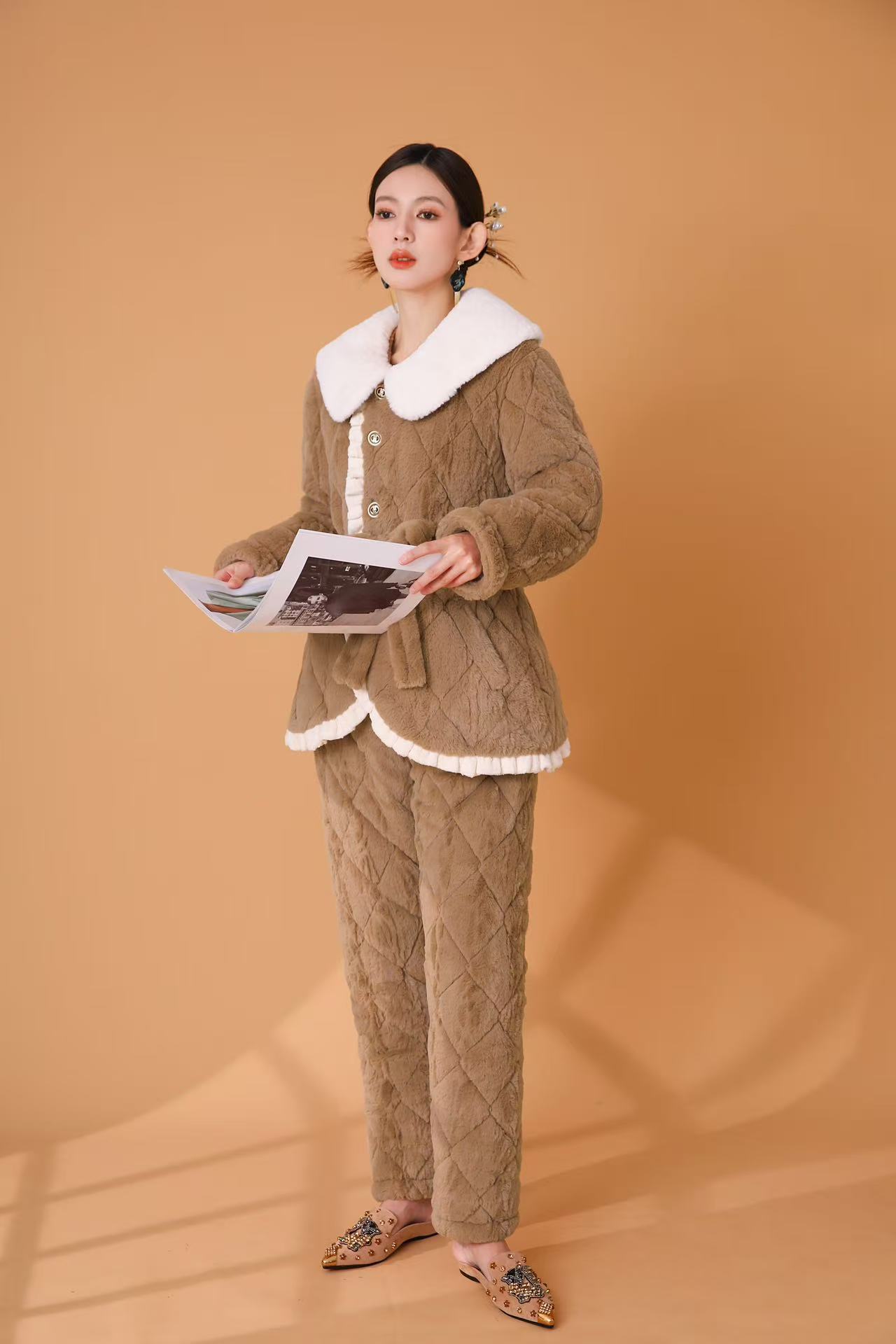 【0289系带】女士三层夹棉加厚睡衣女冬中国风保暖外穿家居套装