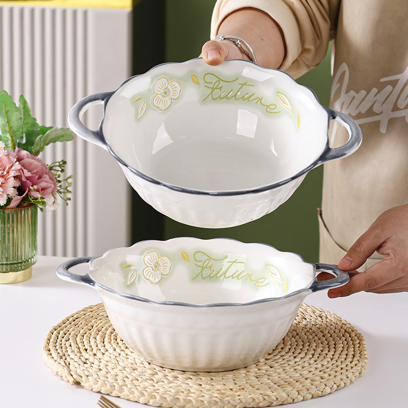 句途2个10.5英寸金枝玉叶双耳锅手绘釉下彩陶瓷耐高温家用陶瓷碗