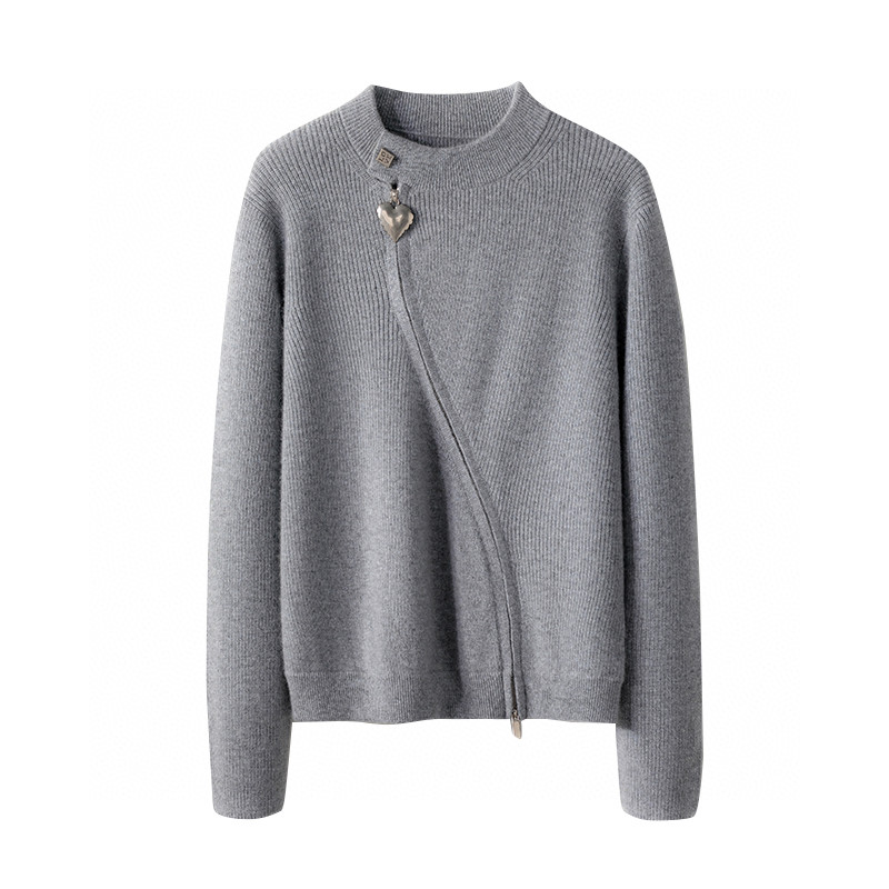 半高领纯色针织羊绒衫灰色拉链开衫百搭圆领秋冬打底衫女士上衣