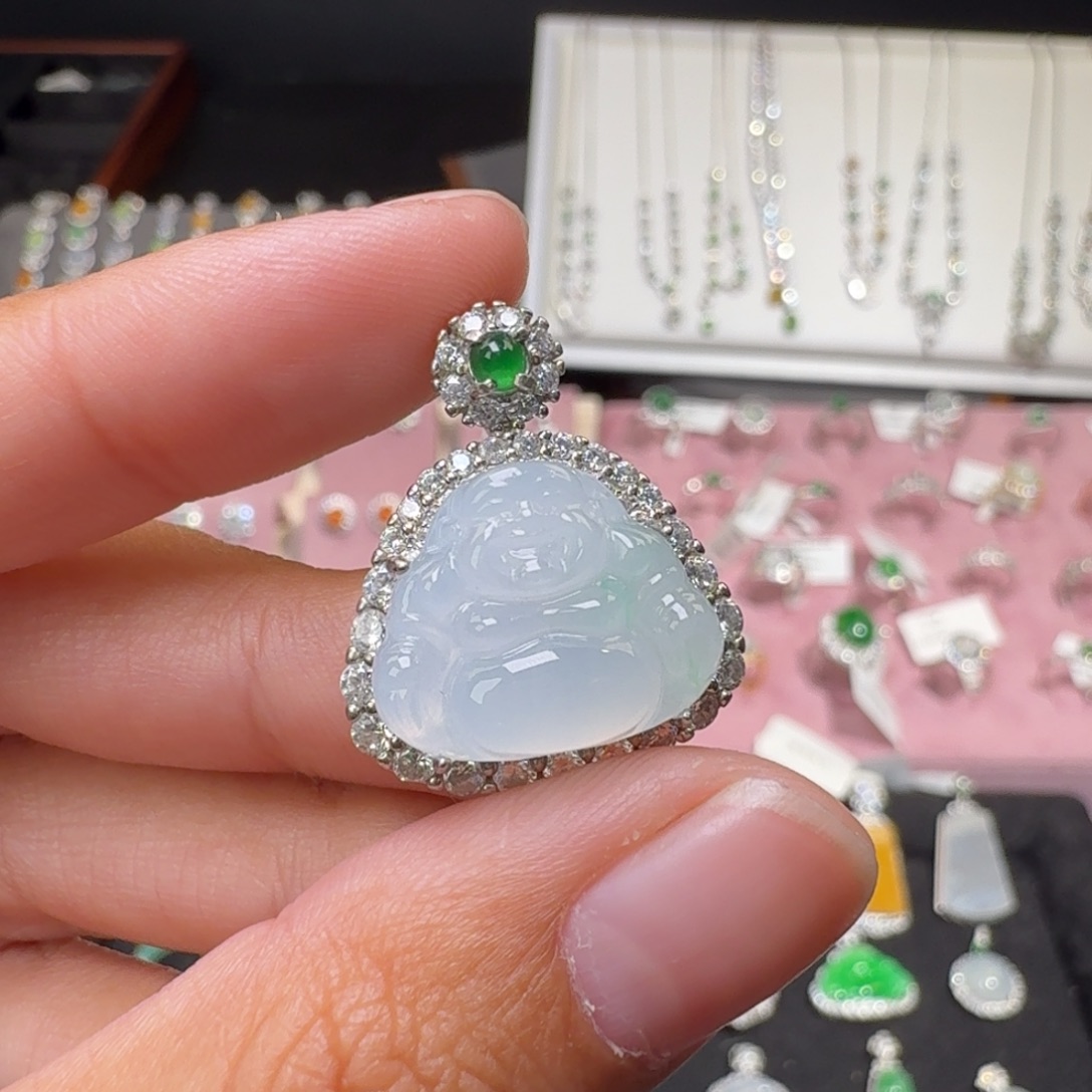 ****a翡翠银S925镶嵌颈饰纯天然缅甸翡翠A货佛公