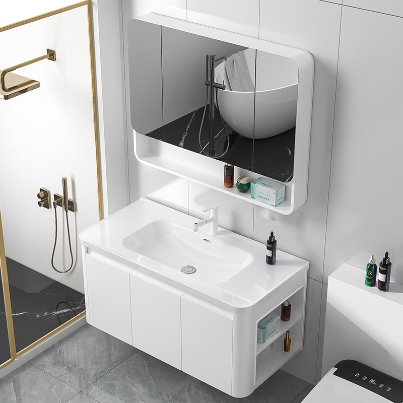 侧边柜圆弧奶白色防水浴室柜陶瓷一体盆卫生间家装浴室洗漱台铝材