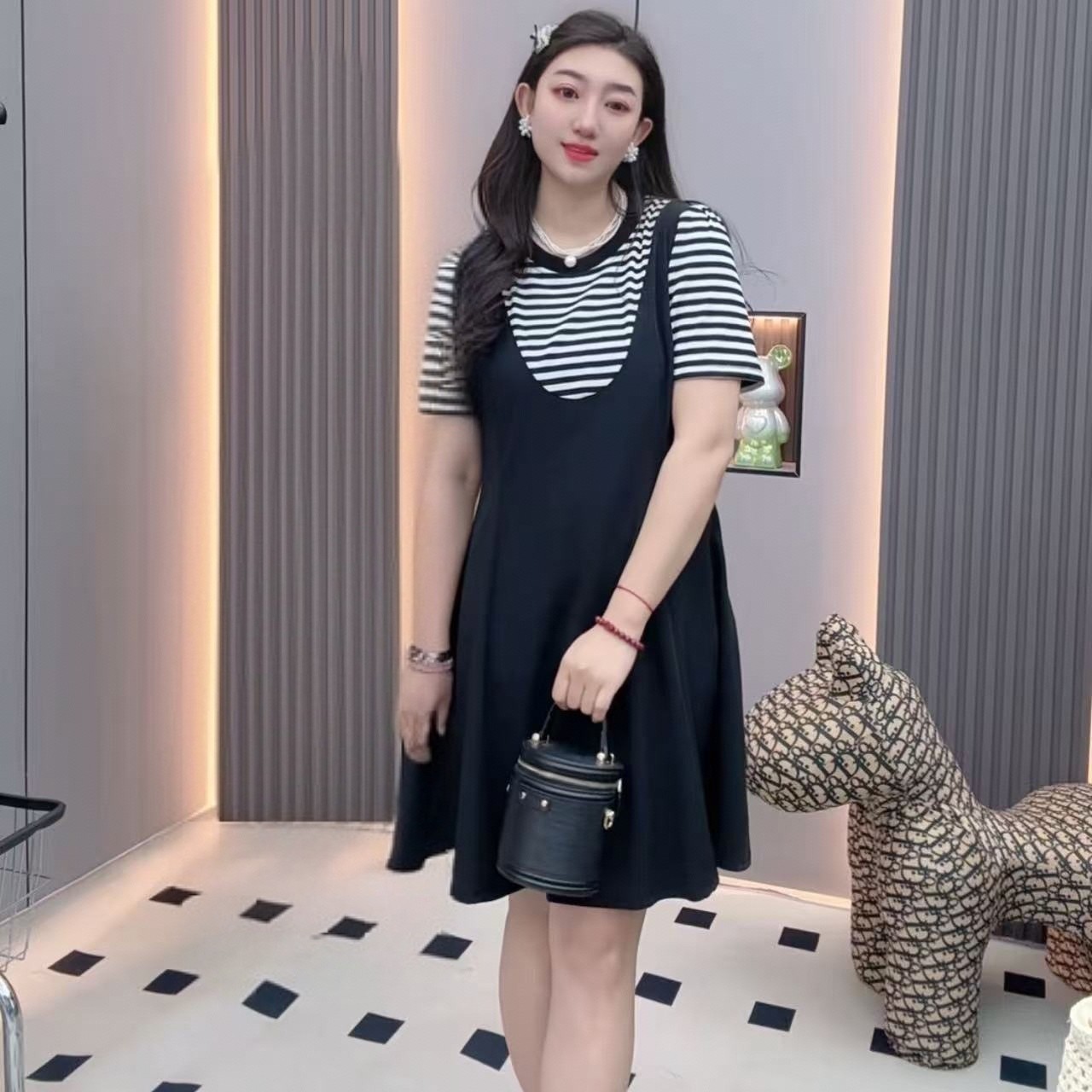 假两件连衣裙宽松拼接设计减龄显瘦夏季女装气质针织时尚休闲黑色