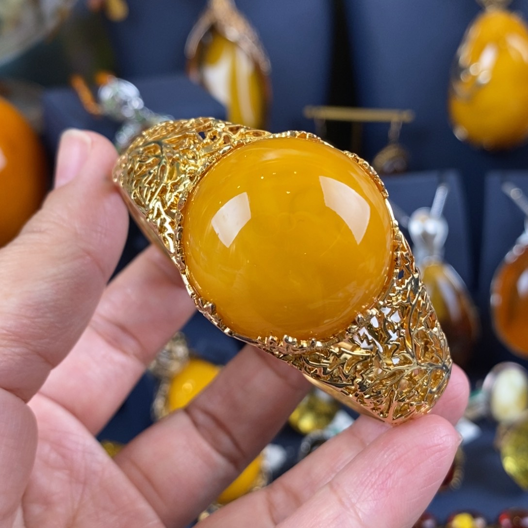 蜜蜡手镯银S925镀金镶嵌