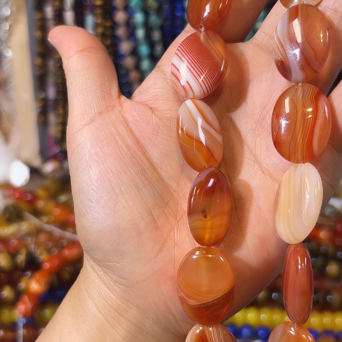 玛瑙/玉髓银S925镀金镶嵌珠宝半成品红玛瑙蛋面一条18-24