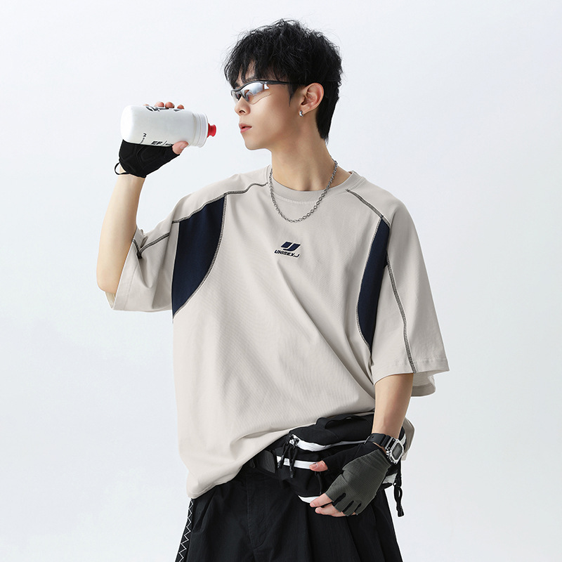 复古刺绣纯棉短袖T恤男夏季新款撞色明线拼接设计美式潮牌体恤衫