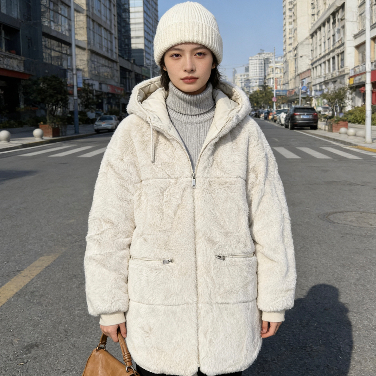5832男女同款双面穿连帽加绒加厚保暖时尚洋气毛毛外套
