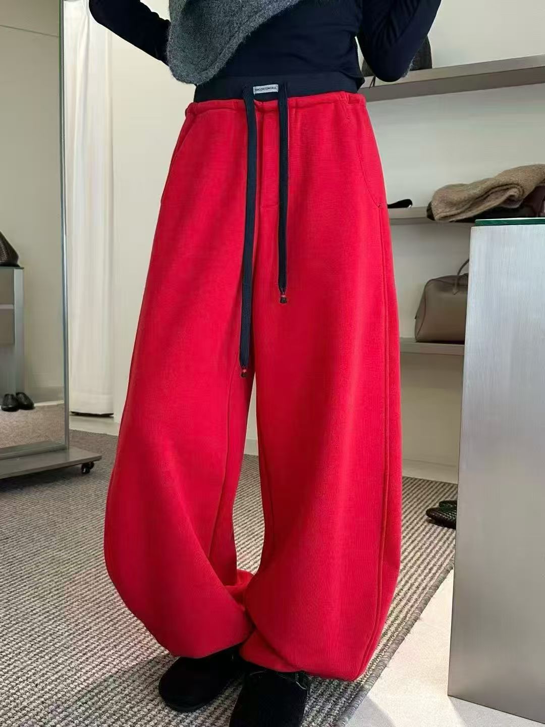 加绒显瘦红色冬季宽松高腰长裤加厚休闲裤