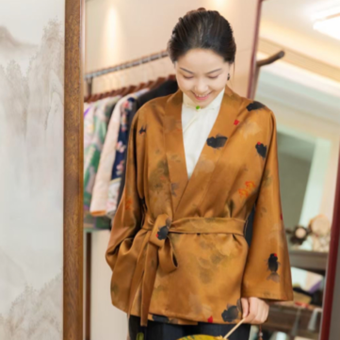 绢若诗新品原创莨珠记李子柒同款设计师款香云纱金鱼对襟开衫百搭
