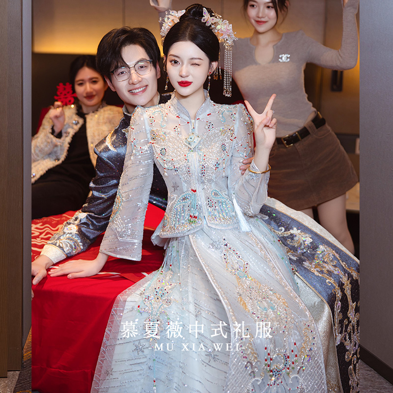 高级浅蓝网纱秀禾服新娘结婚中式嫁衣礼服