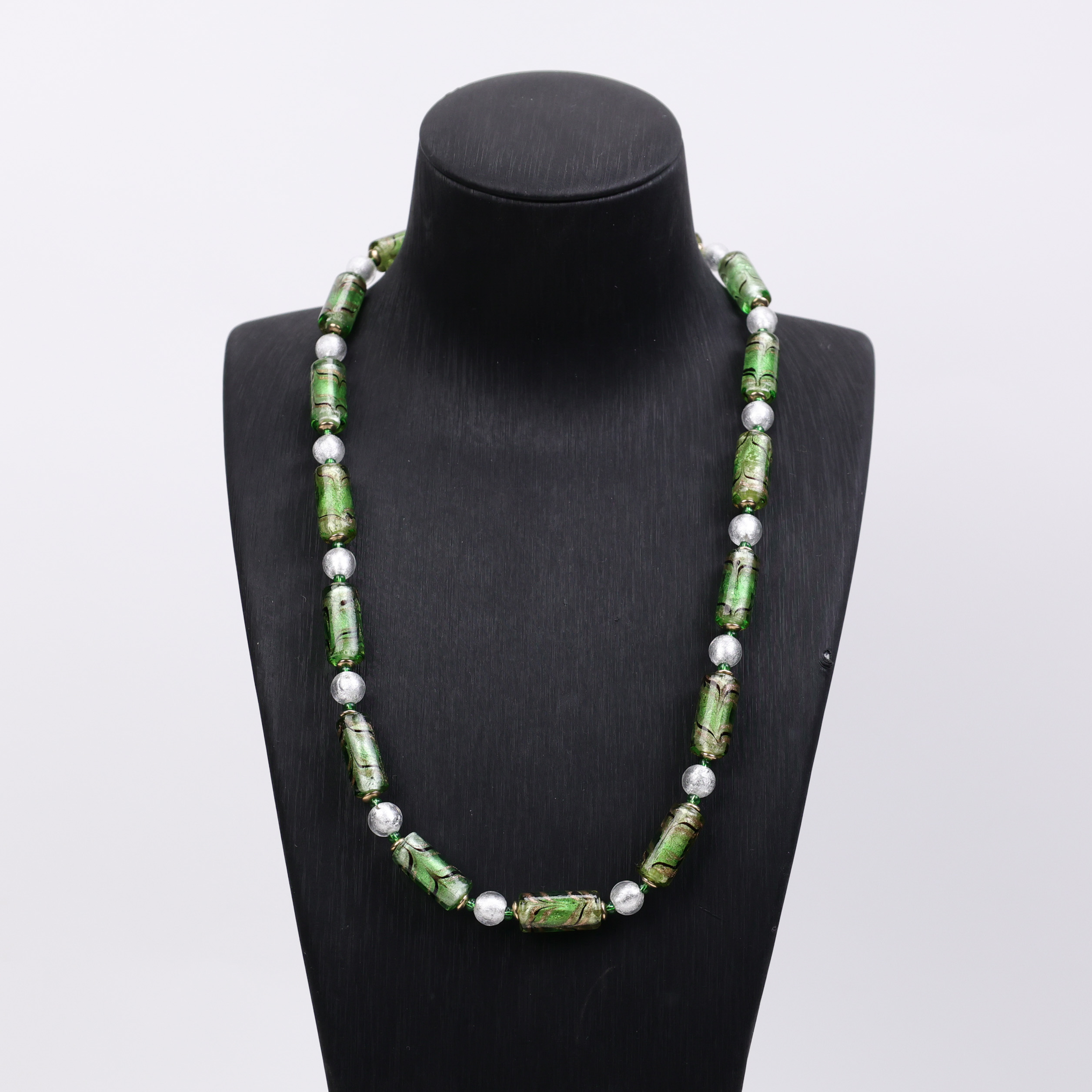合金项链 合金项链 LZ1618 绿色银箔圆柱琉璃项链53cm