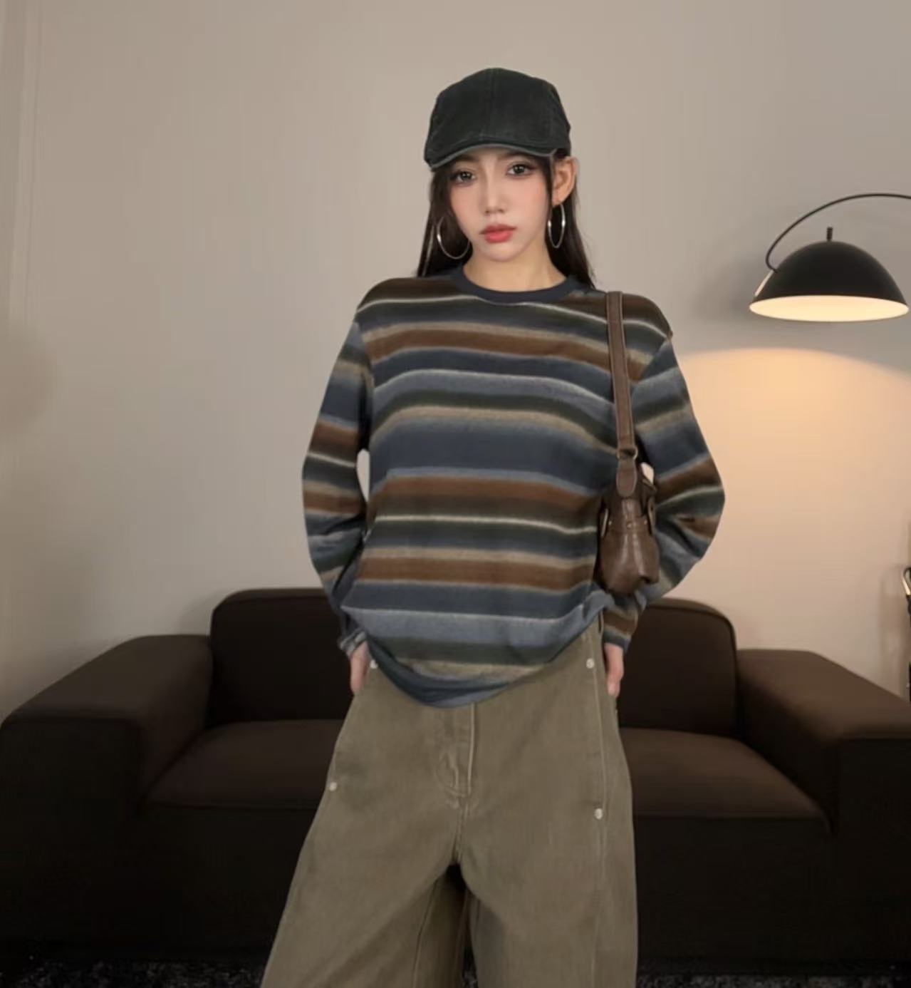松弛感彩色条纹长袖T恤女2025早秋新款洋气白搭宽松上衣#8576