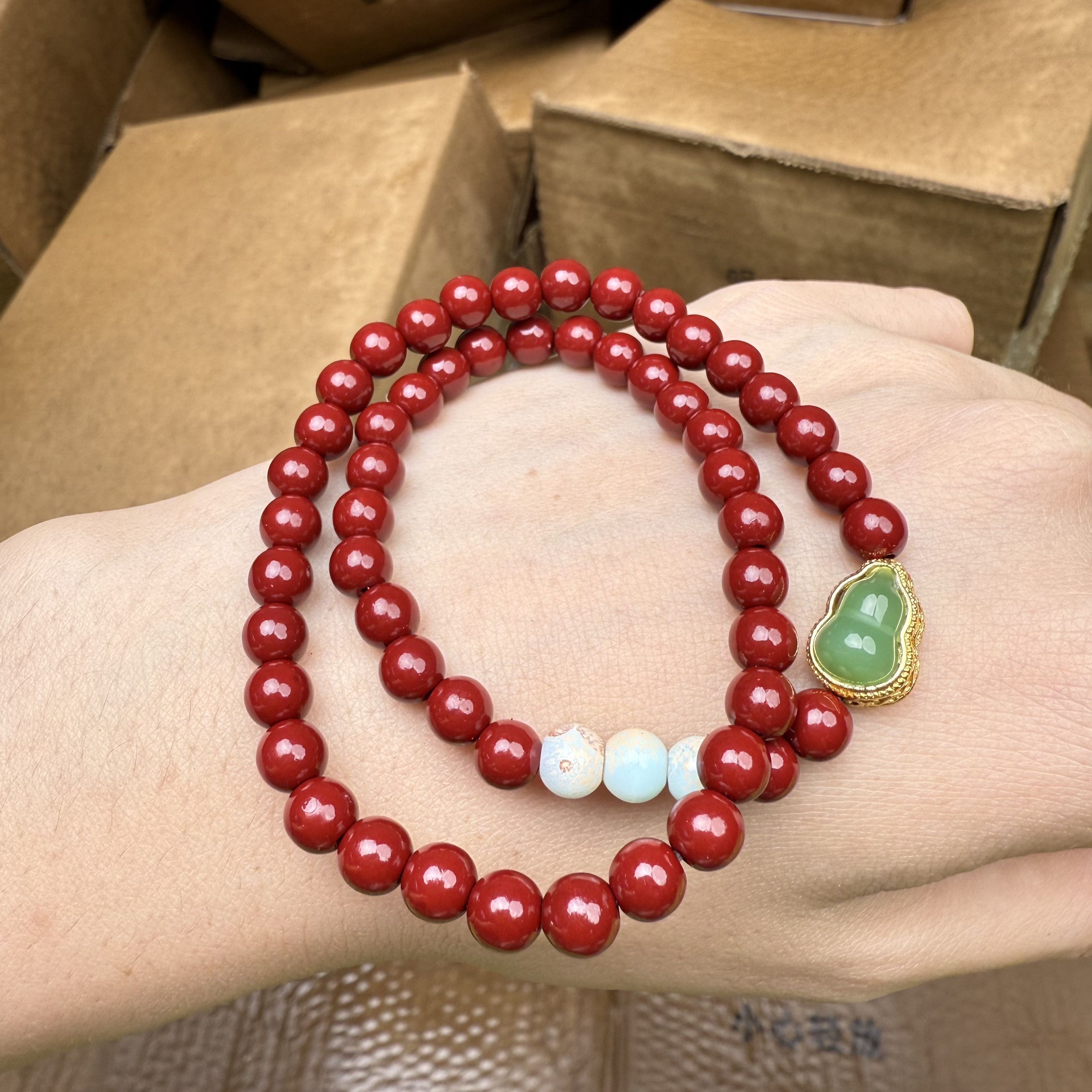 S0999 1平安珠绿葫芦双圈手串 无礼盒